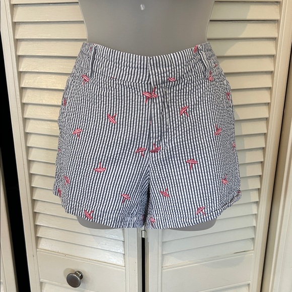 Cynthia Rowley Pants - Cynthia Rowley Navy & White Seersucker High-Waist Shorts with Red Embroidery